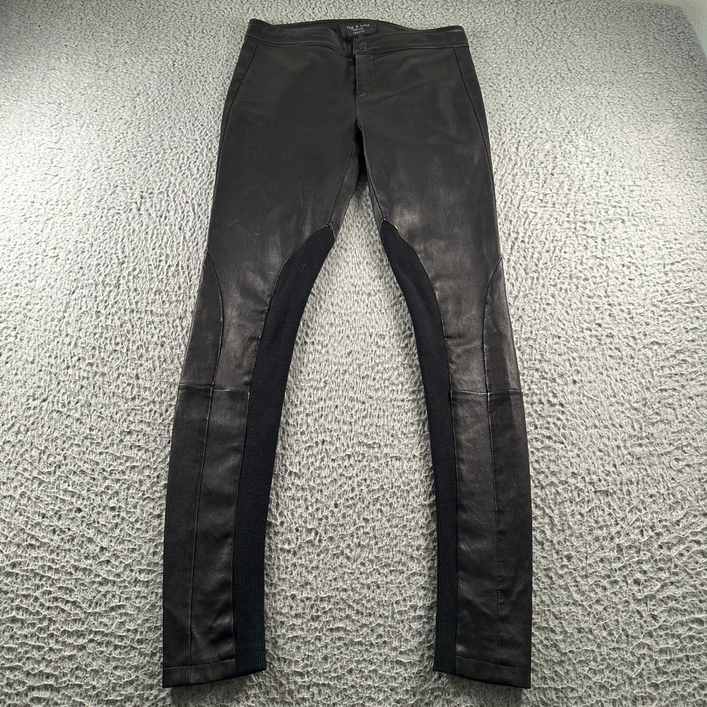 Rag and Bone Pants Womens 2 Lamb Leather Leggings Skinny Rib Side Panels Black